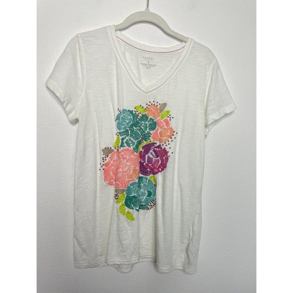 Sonoma Tops - Sonoma Lifestyle Embroidered Floral Tee Shirt Sz L White V-Neck Beaded Boho Chic